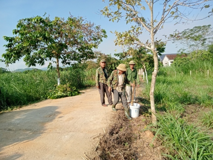 Chi hội Trưởng CCB, Trần Thanh Hà, (Trái) trong đội hình ra quận quét dọn vệ sinh chỉnh trang cây cảnh 2 bên đương vào thôn.